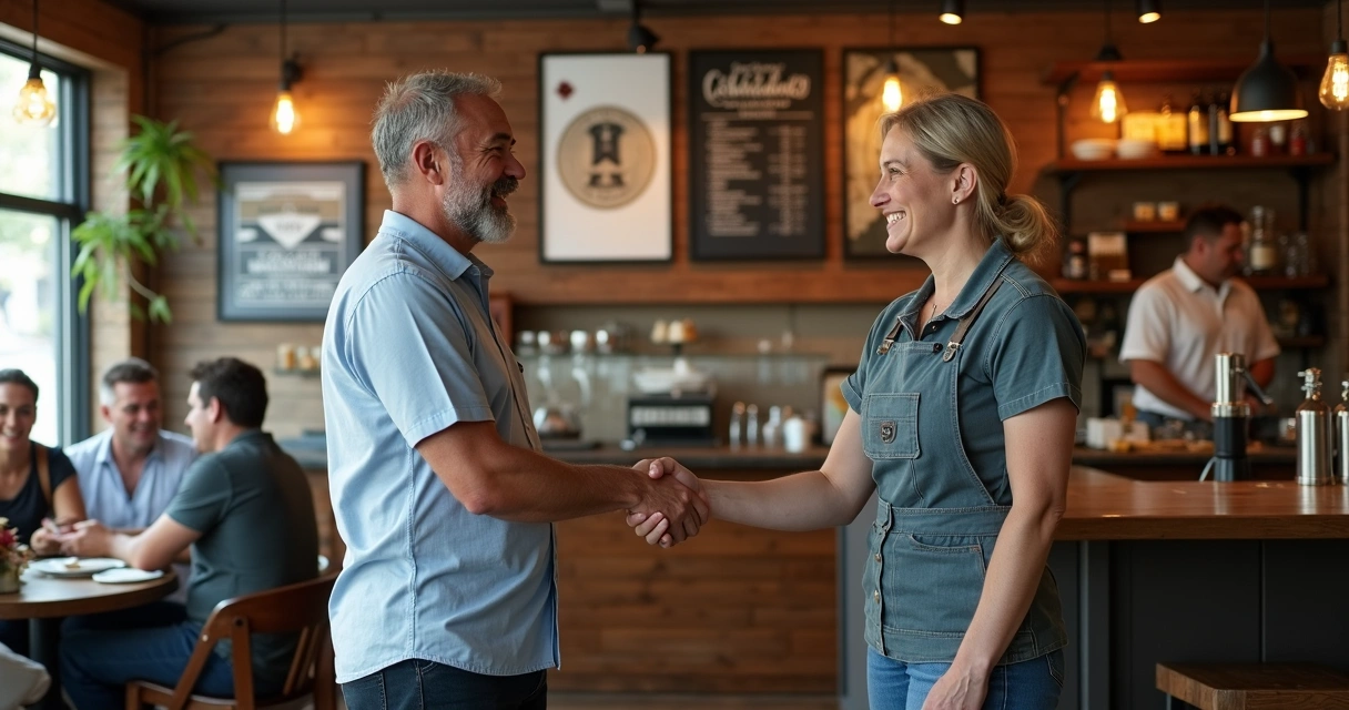 Dois comerciantes locais fechando parceria em ambiente descontraído 