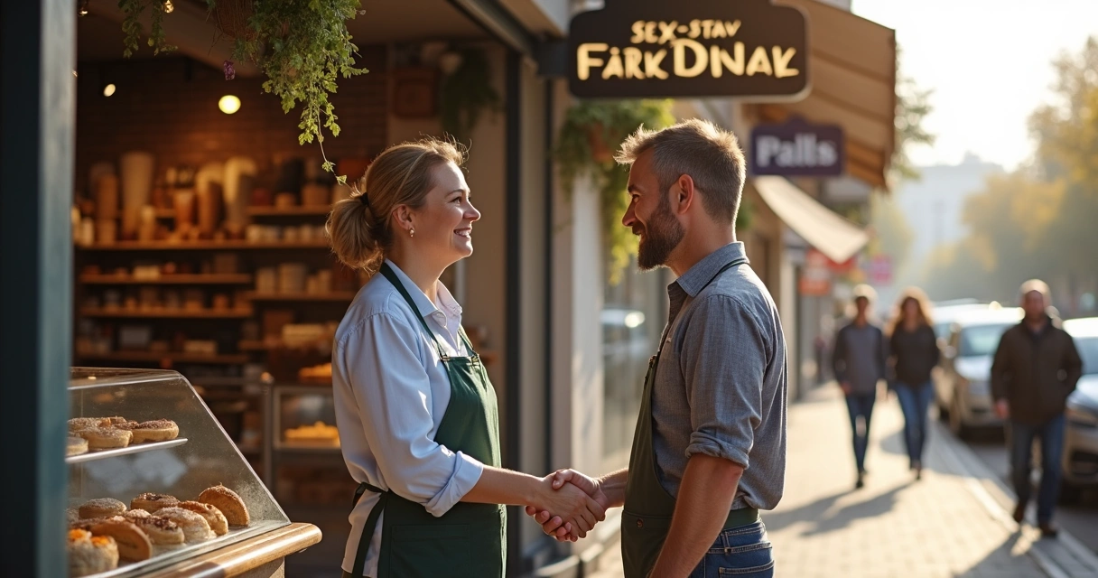 Dois donos de loja locais apertando as mãos em frente às lojas