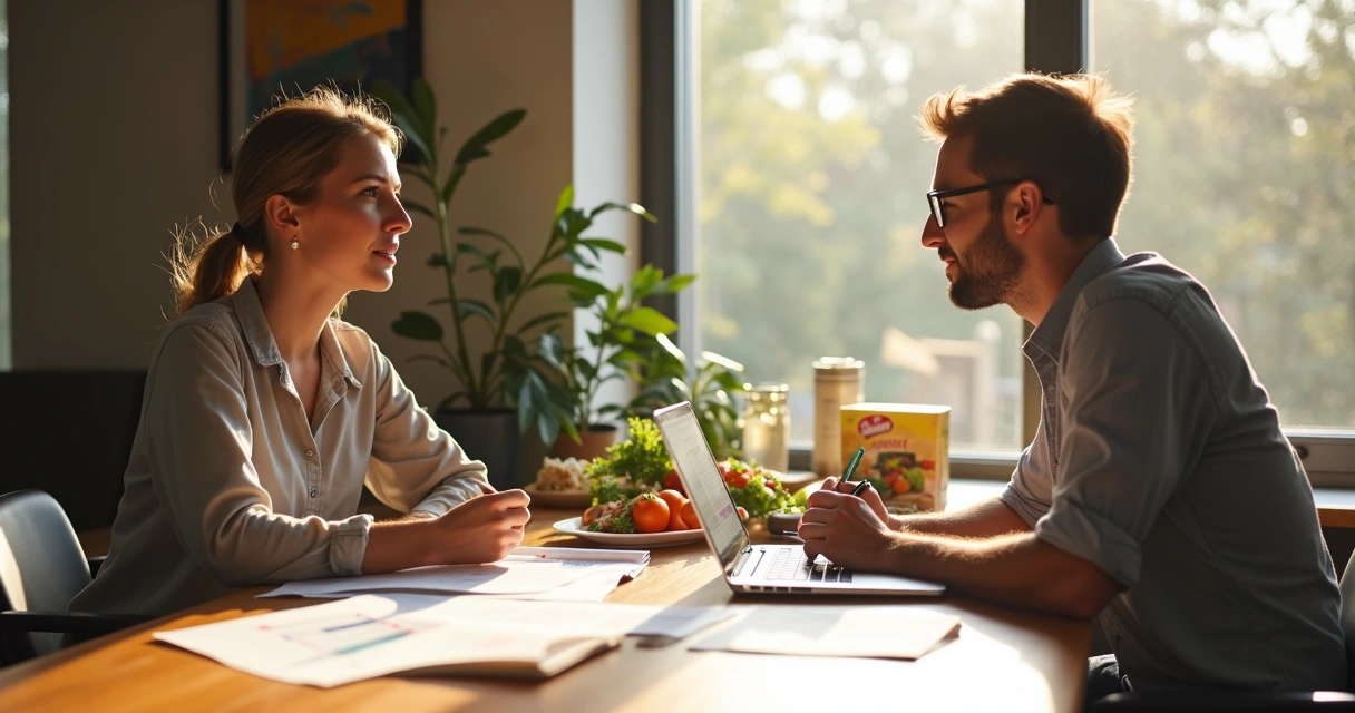 Profissional de nutrição conversando com dono de restaurante fit em escritório moderno 
