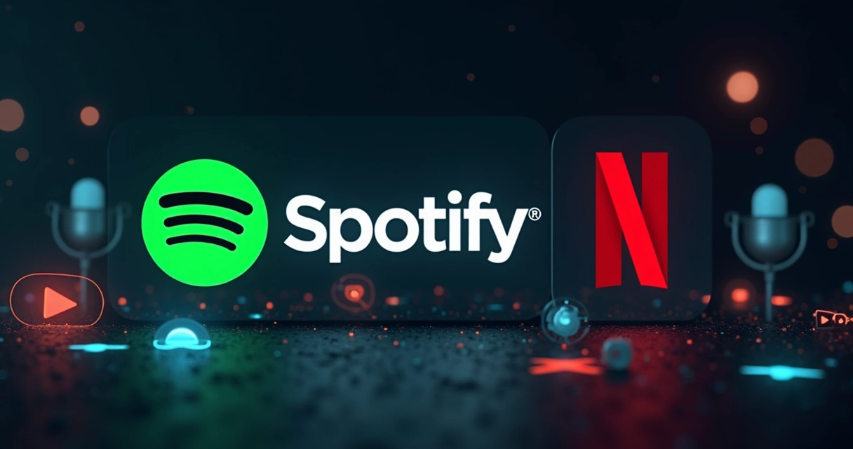Logos do Spotify e Netflix juntos com ícones de vídeo e microfone sobre fundo tecnológico 