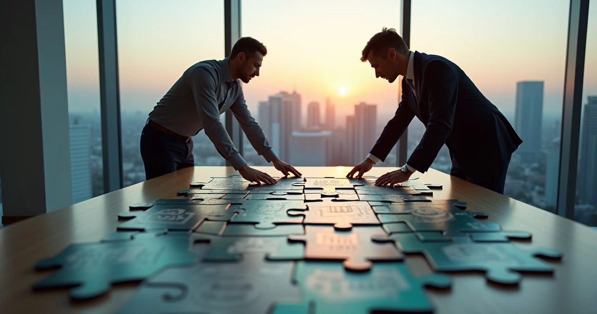 Empresário e investidor montando grande quebra-cabeça financeiro juntos 