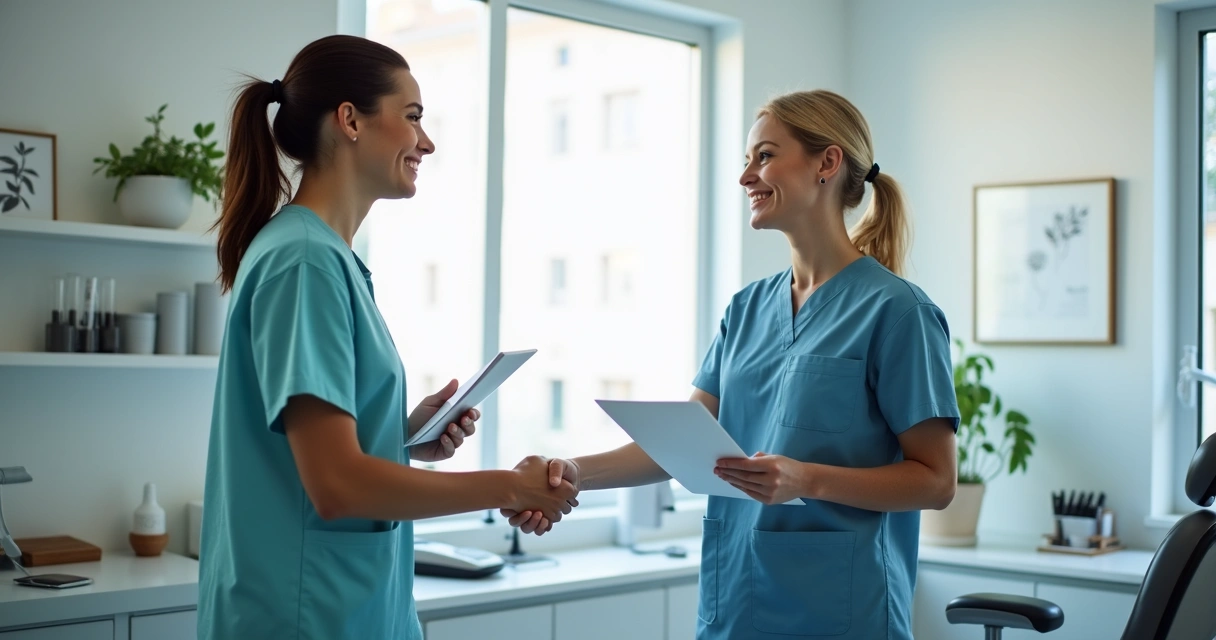 Dentista cumprimentando fisioterapeuta em consultório moderno