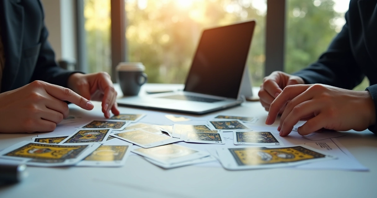 Cartas do tarot sobre uma mesa de reunião profissional, com mãos analisando e um laptop ao fundo. 