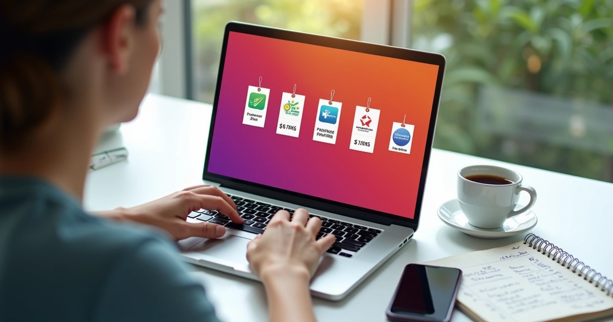 Pessoa usando notebook, tela mostra site de programa de fidelidade com lista de lojas parceiras e opções de bônus 
