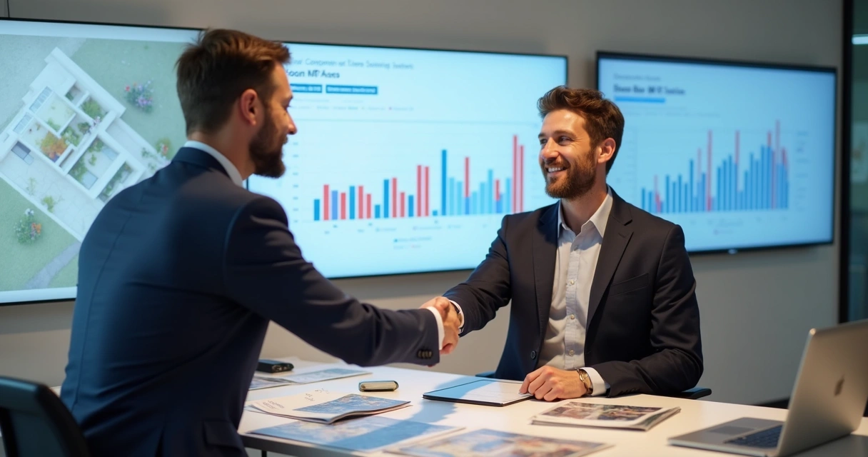Corretor imobiliário e representante de proptech selando parceria no escritório 