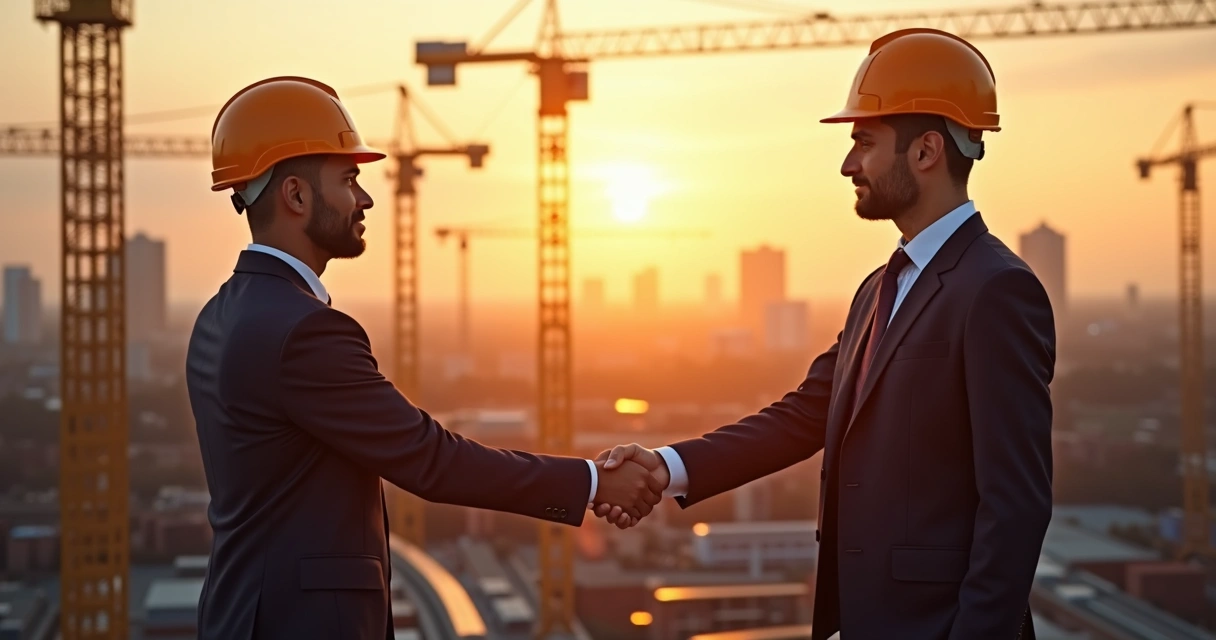 Ilustração fotorrealista de um canteiro de obras moderno com representantes público e privado apertando as mãos em sinal de parceria 
