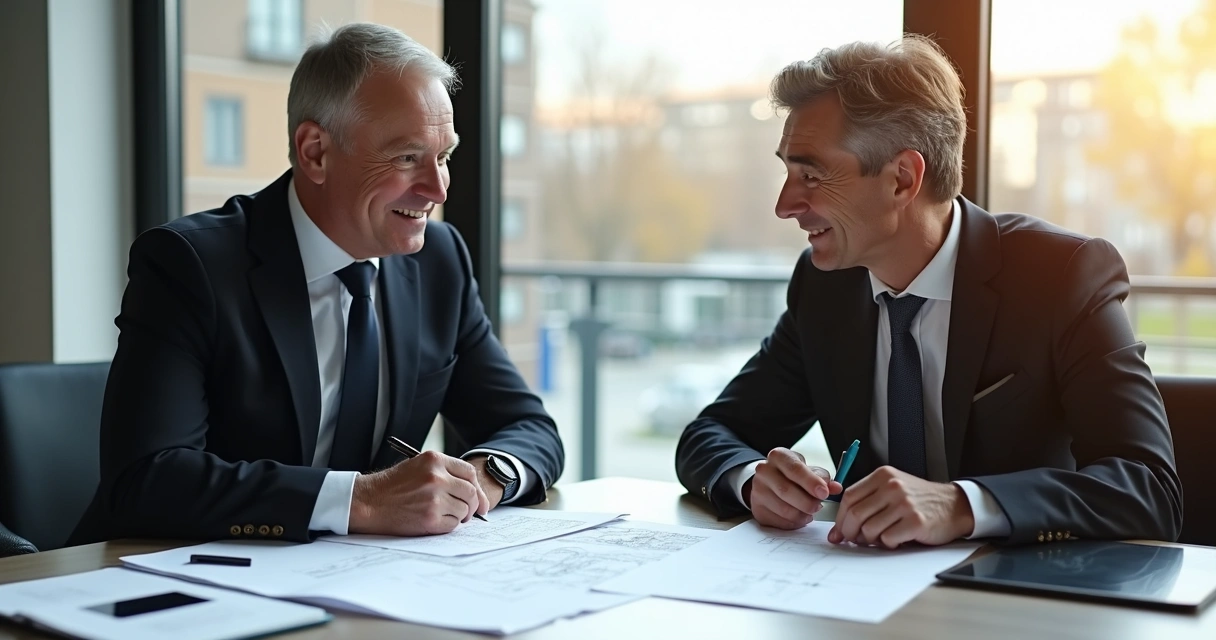 Contrato sendo assinado entre representante público e privado na mesa com plantas de projeto