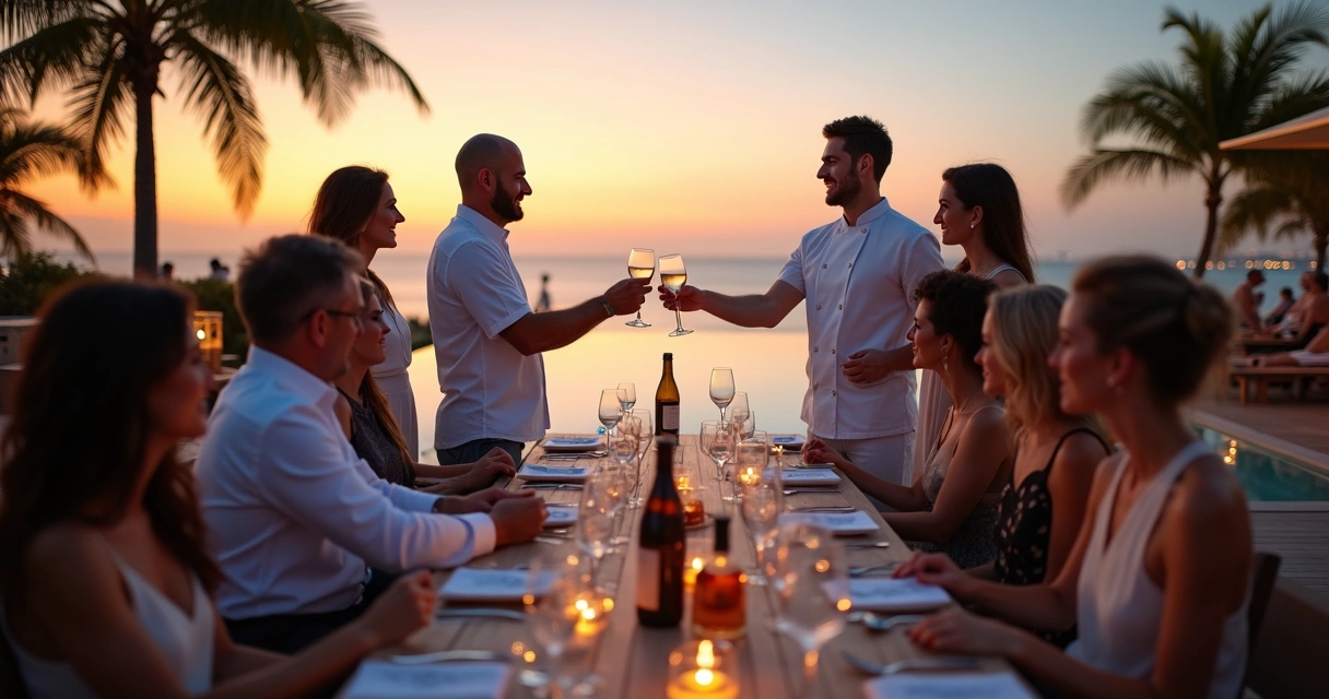 Equipe de resort brinda com chef convidado em área externa sofisticada com vista para o mar 