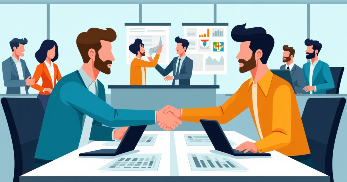 Empresários de duas PMEs apertando as mãos em mesa de reunião com papéis e computadores 