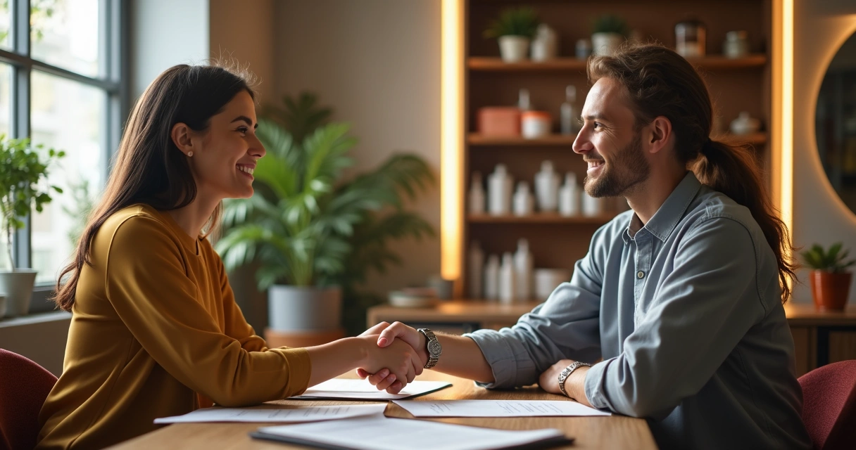 Proprietários de salão de beleza e pequena loja conversando e apertando as mãos 