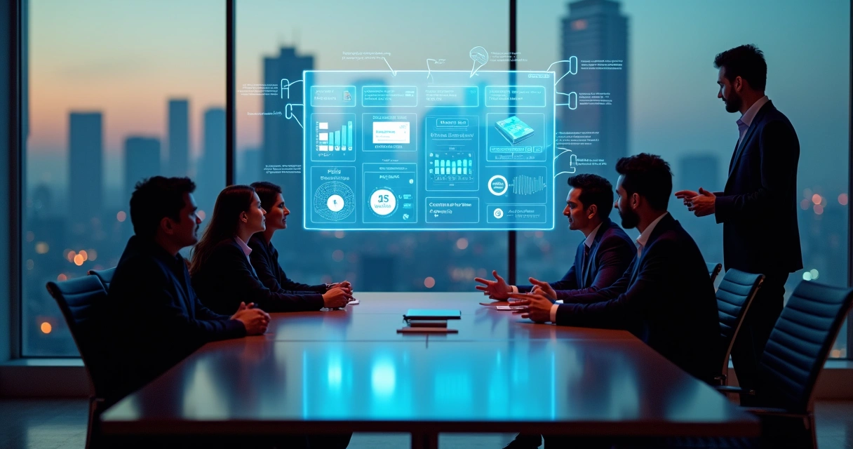 Executivos analisando painel digital com soluções financeiras white label em ambiente corporativo moderno 