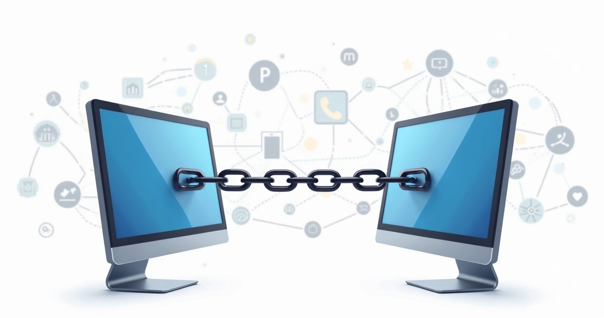 Dois computadores conectados por elos de corrente entre os monitores 