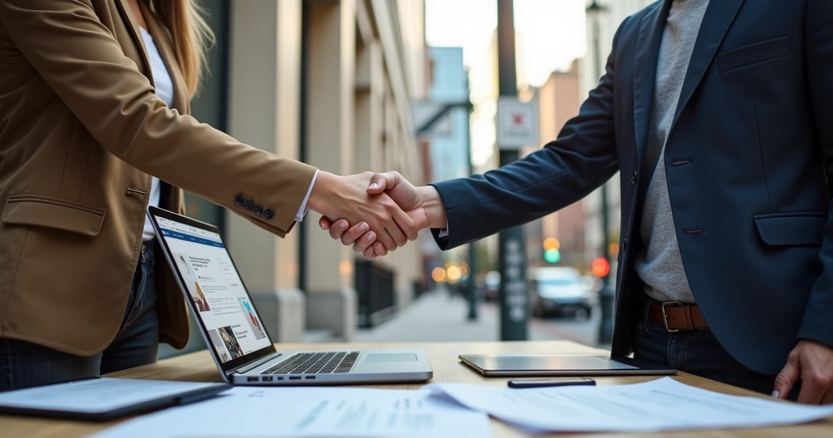 Dois donos de pequenos negócios selando parceria, com site e panorama urbano local 