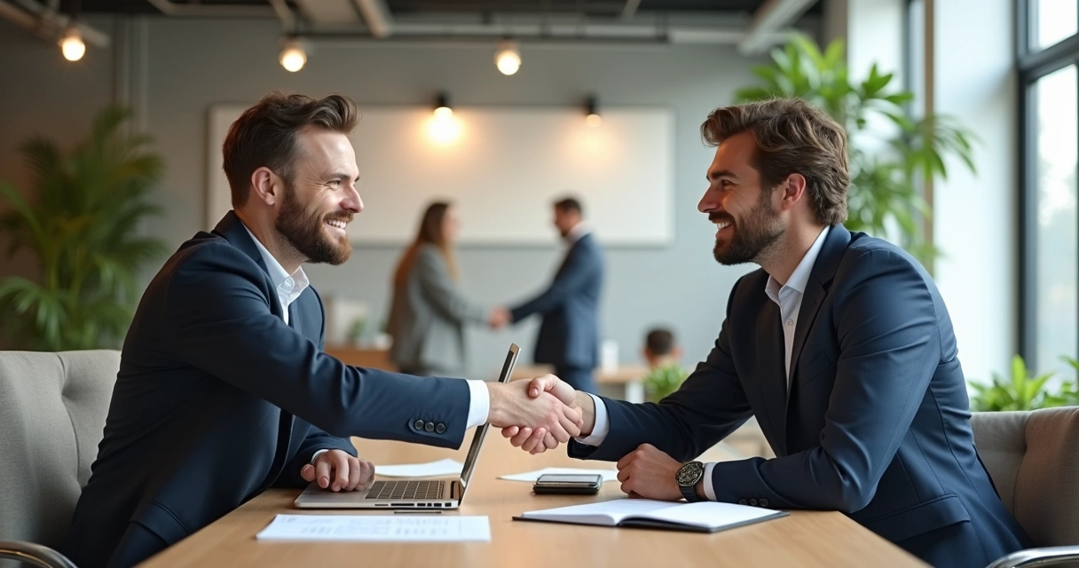 Dois sócios apertando as mãos em um escritório moderno de coworking, documentos e notebook sobre a mesa, ambiente iluminado e com plantas ao fundo.