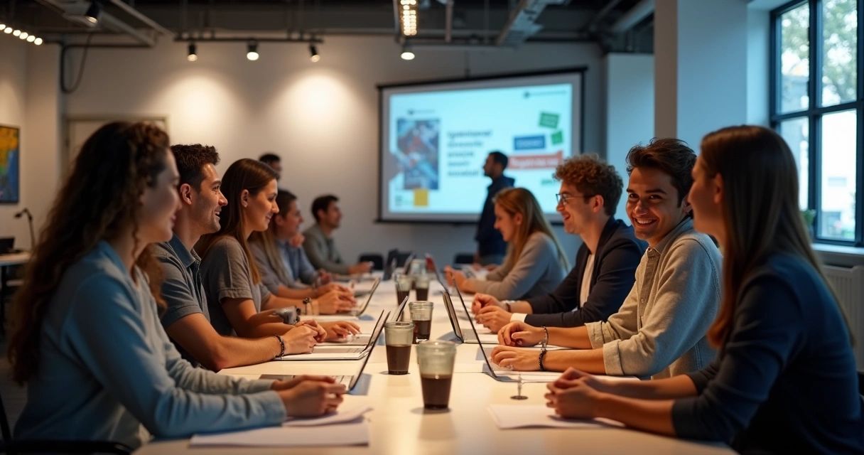Encontro de startups em coworking durante evento de parceria 
