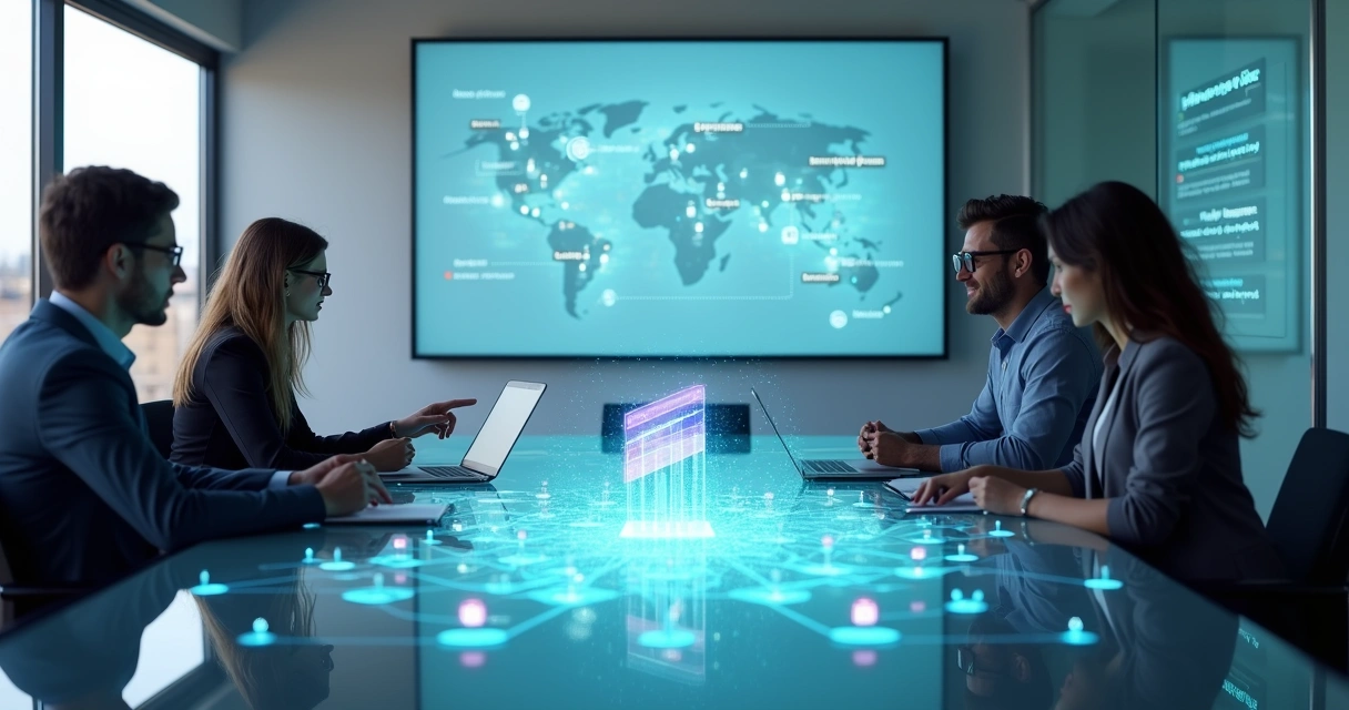 Reunião entre empresa e fintech com painéis digitais de pagamentos 
