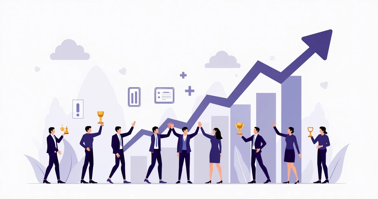 Parceiros de vendas comemorando o sucesso e crescimento em gráfico ascendente 