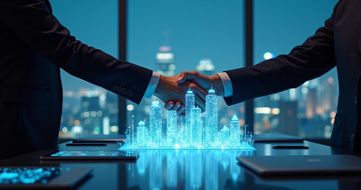 Executivos apertando as mãos sobre maquete de cidade digital em crescimento 