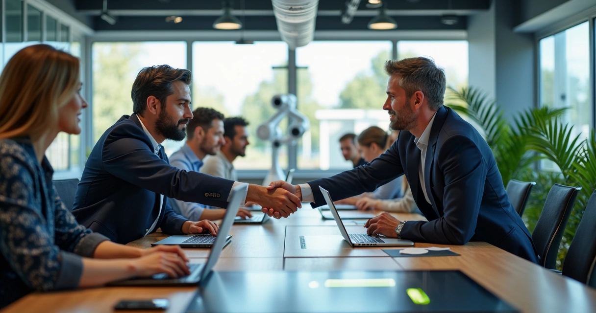 Duas pessoas apertando as mãos em um escritório moderno com computadores 