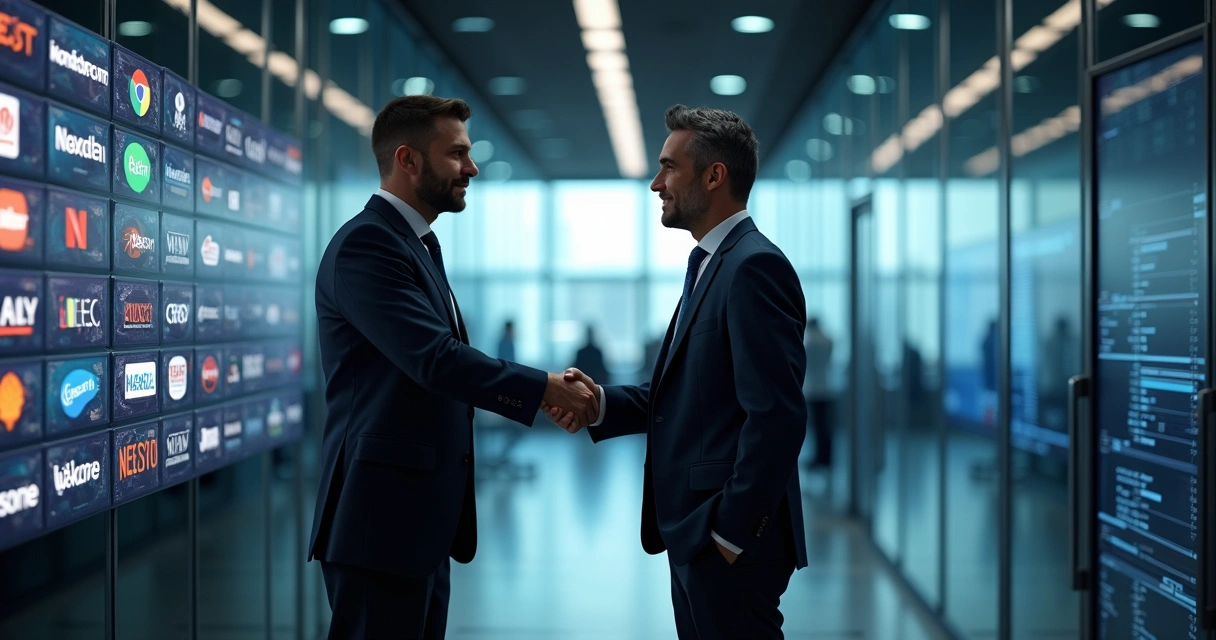 Aperto de mãos entre executivos de TI em escritório moderno
