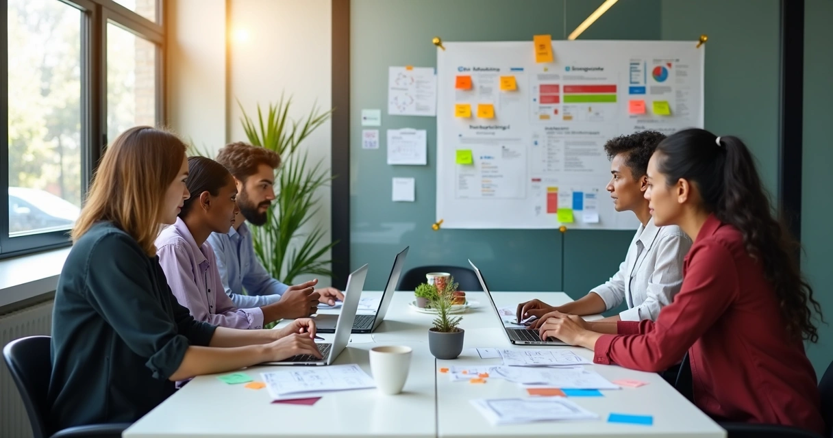Equipe de diferentes áreas trabalhando em conjunto em uma mesa com computadores e anotações