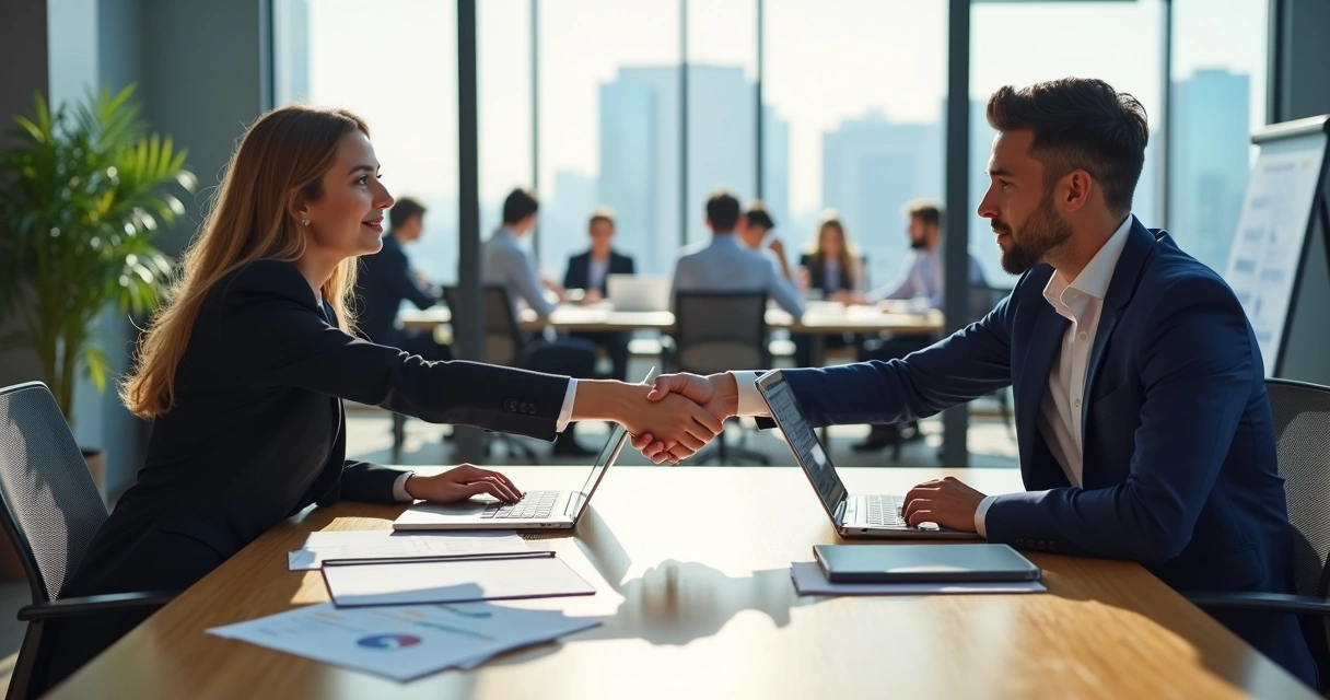 Gestores de duas empresas diferentes apertando as mãos em sala de reunião moderna 