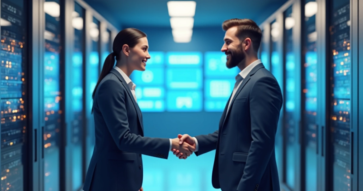 Parcerias para empresas de infraestrutura de TI e datacenter Aperto de mãos entre representantes de empresas de tecnologia com servers ao fundo