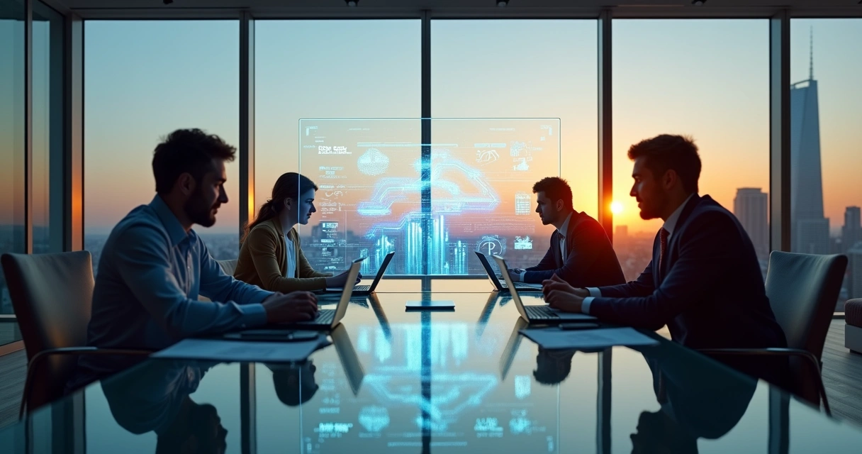 Executivos de TI e negócios em mesa de vidro analisando painel digital de dados 