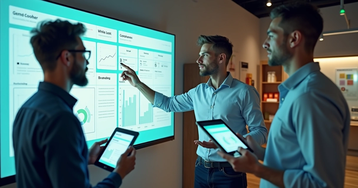 Equipe de PME analisando painel digital com soluções white label 