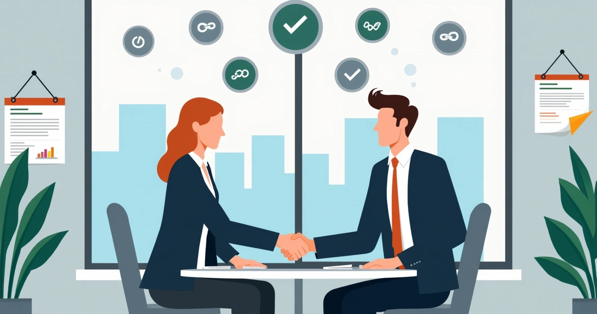 Dois profissionais apertando as mãos em um escritório, cercados por ícones de links e gráficos de SEO 