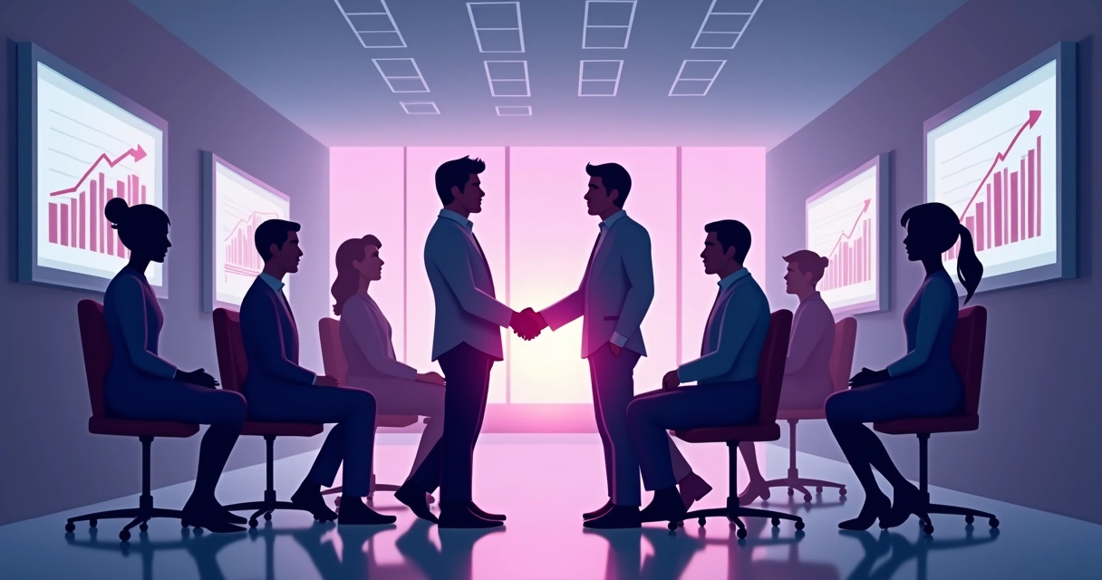 Duas equipes de negócios cumprimentando-se com gráficos e símbolos de crescimento ao fundo 