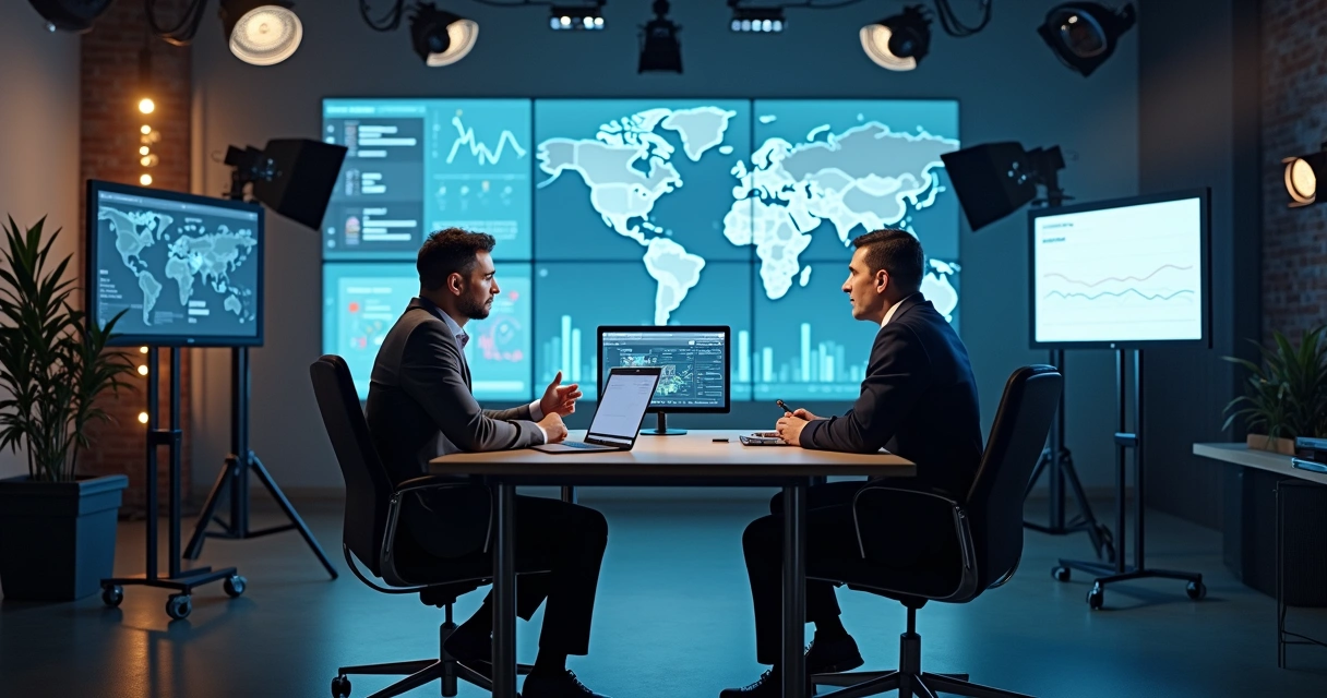 Dois profissionais participando de entrevista em estúdio digital com luzes e câmeras. 