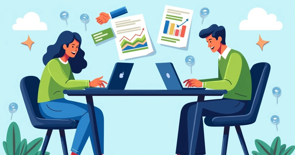 Ilustração de duas equipes digitando lado a lado, com gráficos e elementos digitais ao redor 