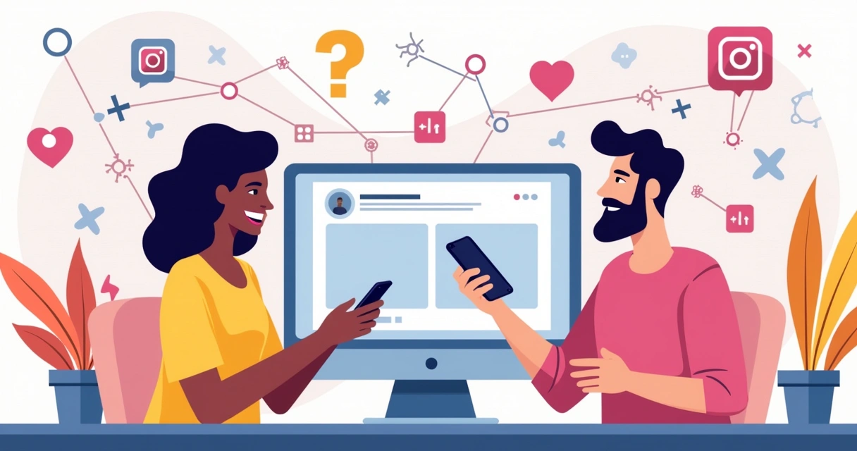 Ilustração de influenciadores colaborando em um ambiente colorido para crescimento no Instagram.