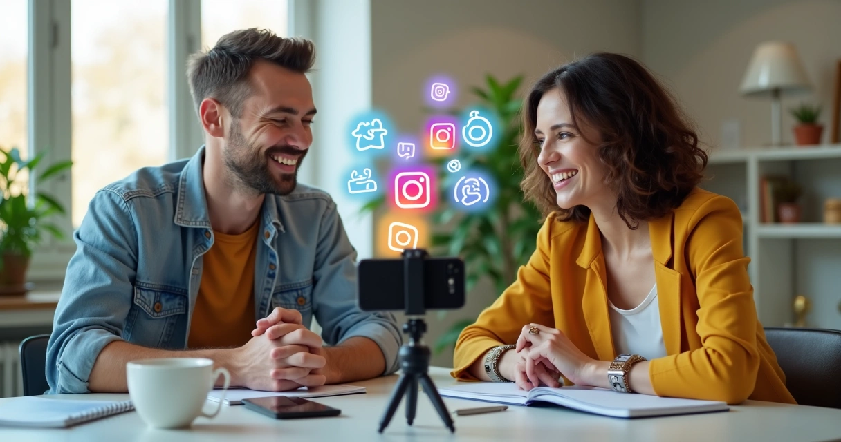 Dois criadores de conteúdo gravando live conjunta para o Instagram 