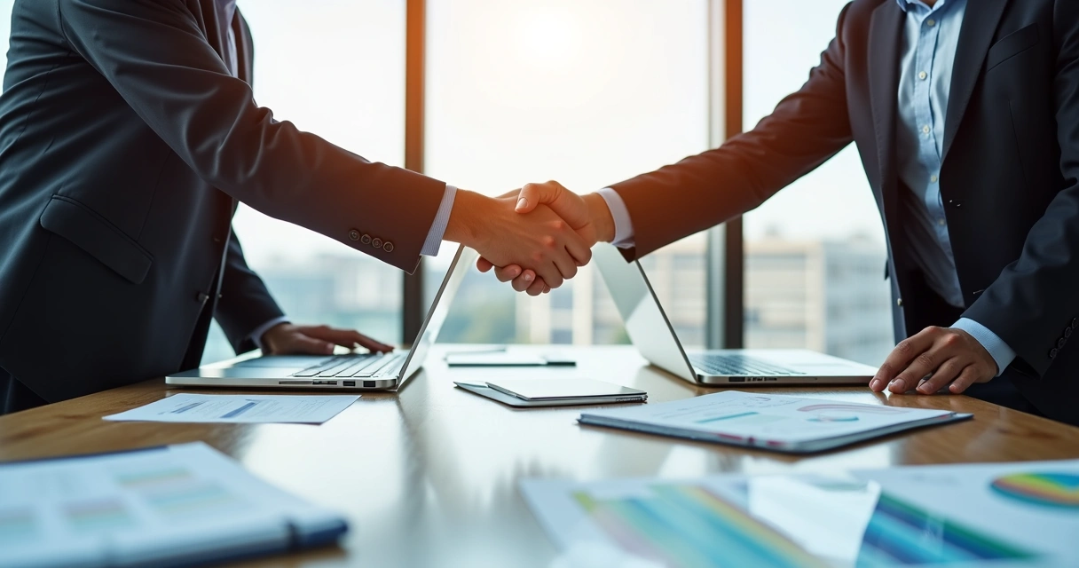Duas pessoas apertando as mãos em uma mesa de reunião com laptops, planilhas e gráficos financeiros 