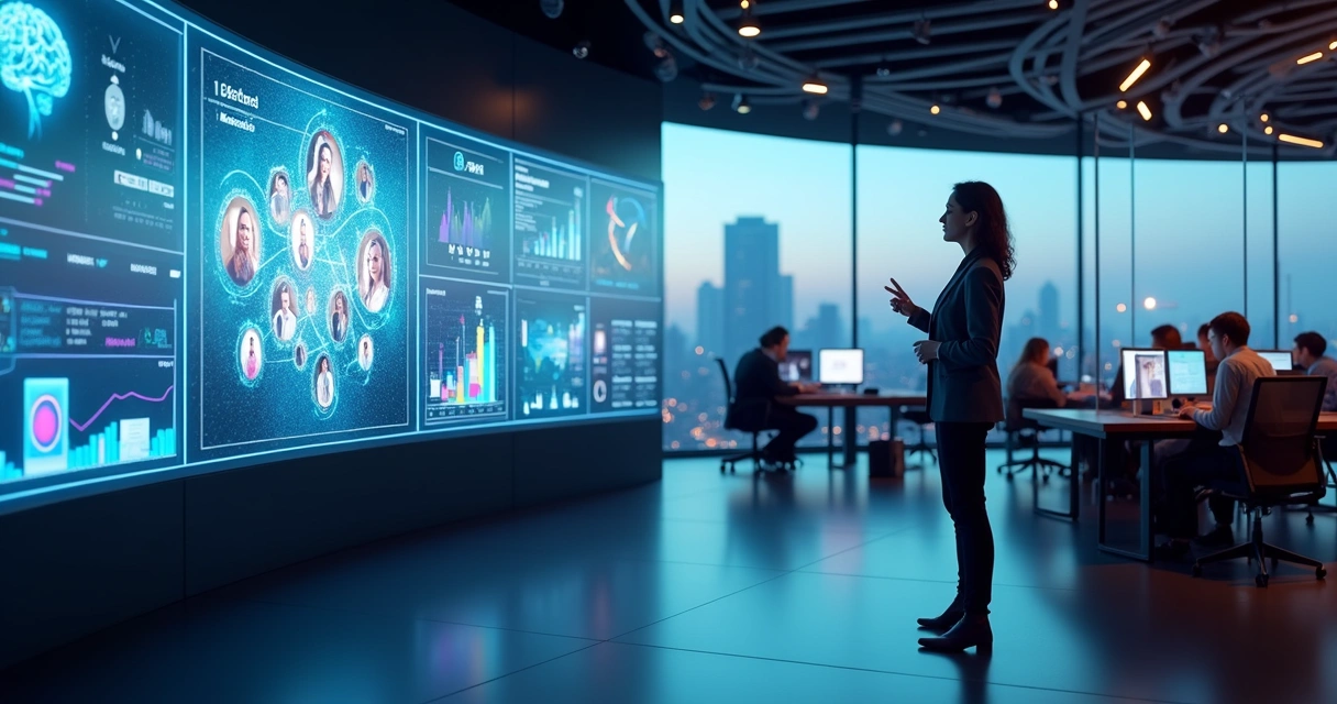 Mulher liderando estratégia de marketing com criadores e IA em painel digital 