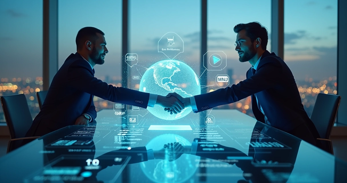 Dois profissionais apertando as mãos sobre mesa com hologramas de afiliados e dados ao redor 