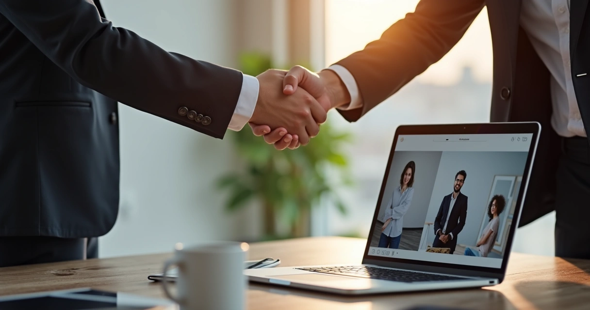 Duas pessoas de negócios apertando as mãos em frente a um notebook aberto mostrando Instagram 