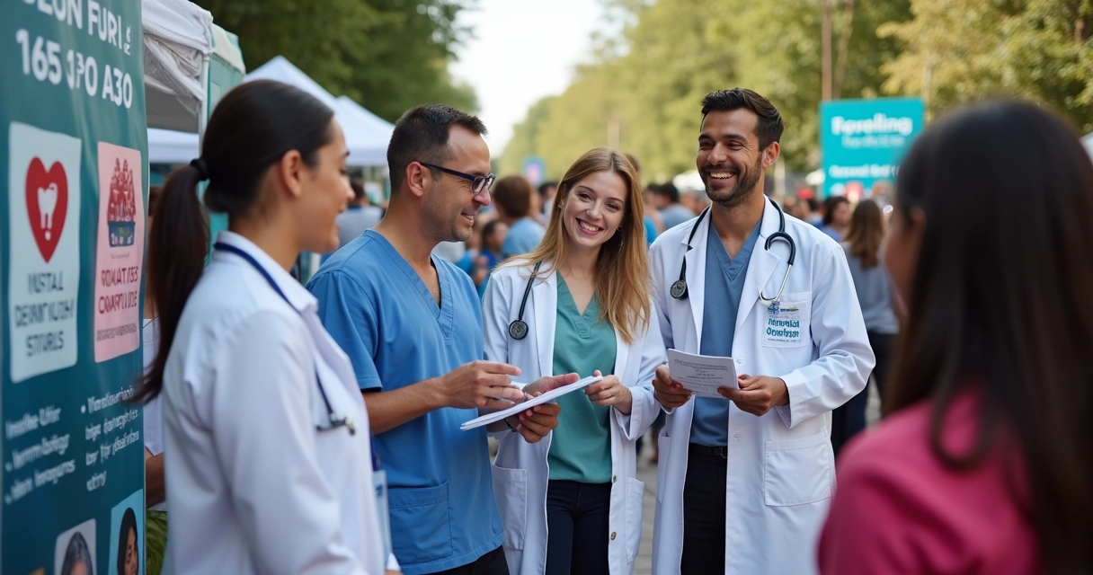 Equipe de clínica odontológica em evento comunitário