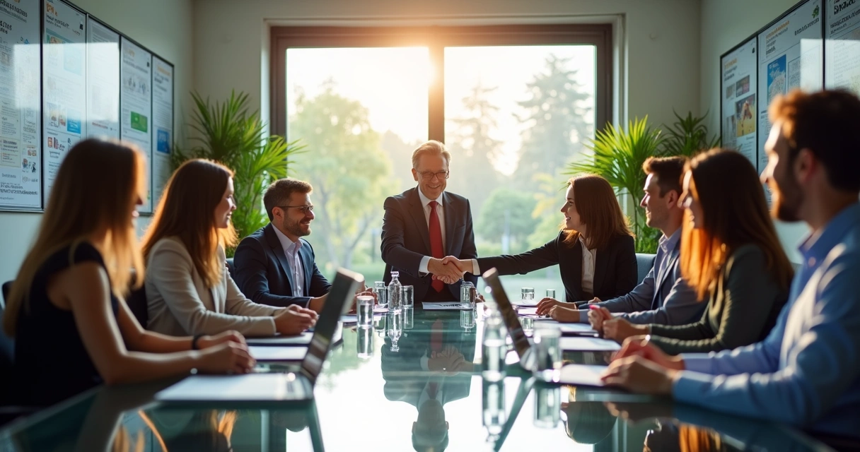 Profissionais do ramo de turismo apertando as mãos em uma reunião sobre eventos 