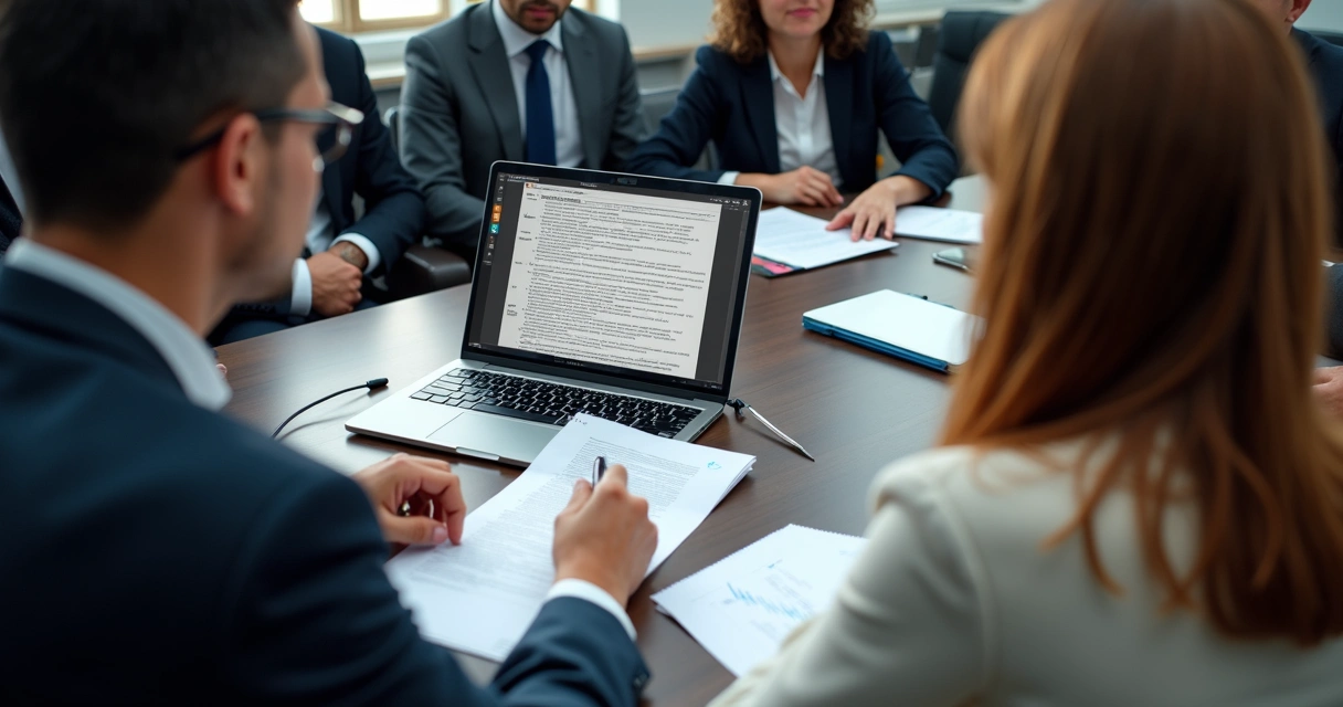 Comissão legislativa revisando parecer jurídico com apoio de IA 