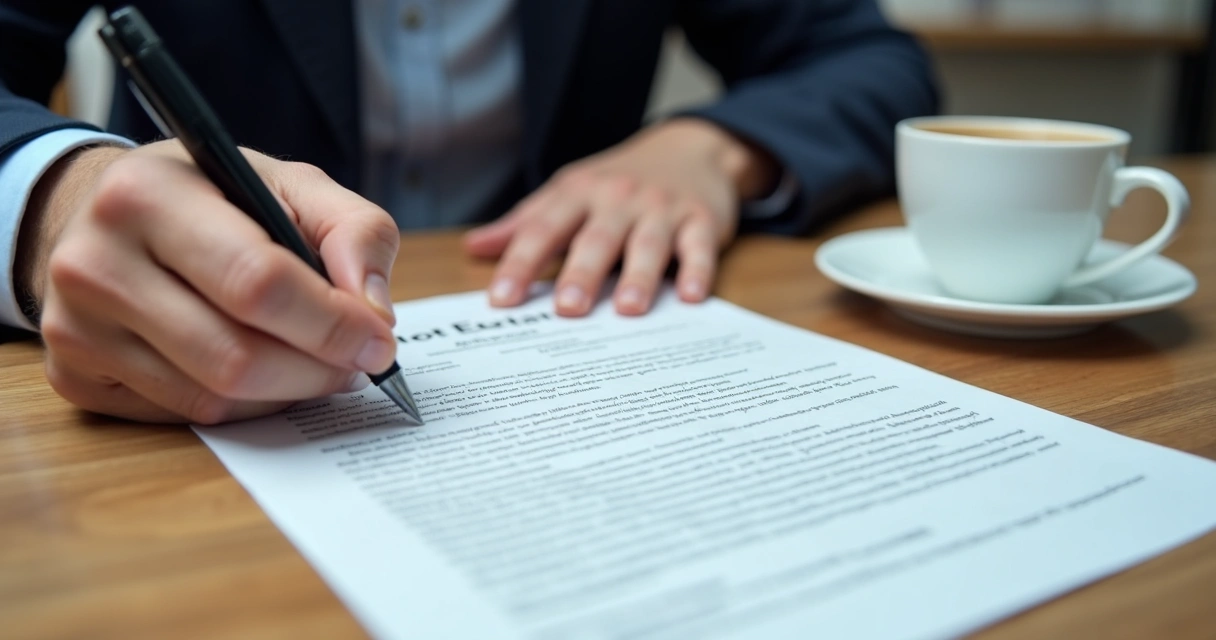 Pessoa lendo contrato imobiliário em mesa com caneta e papéis