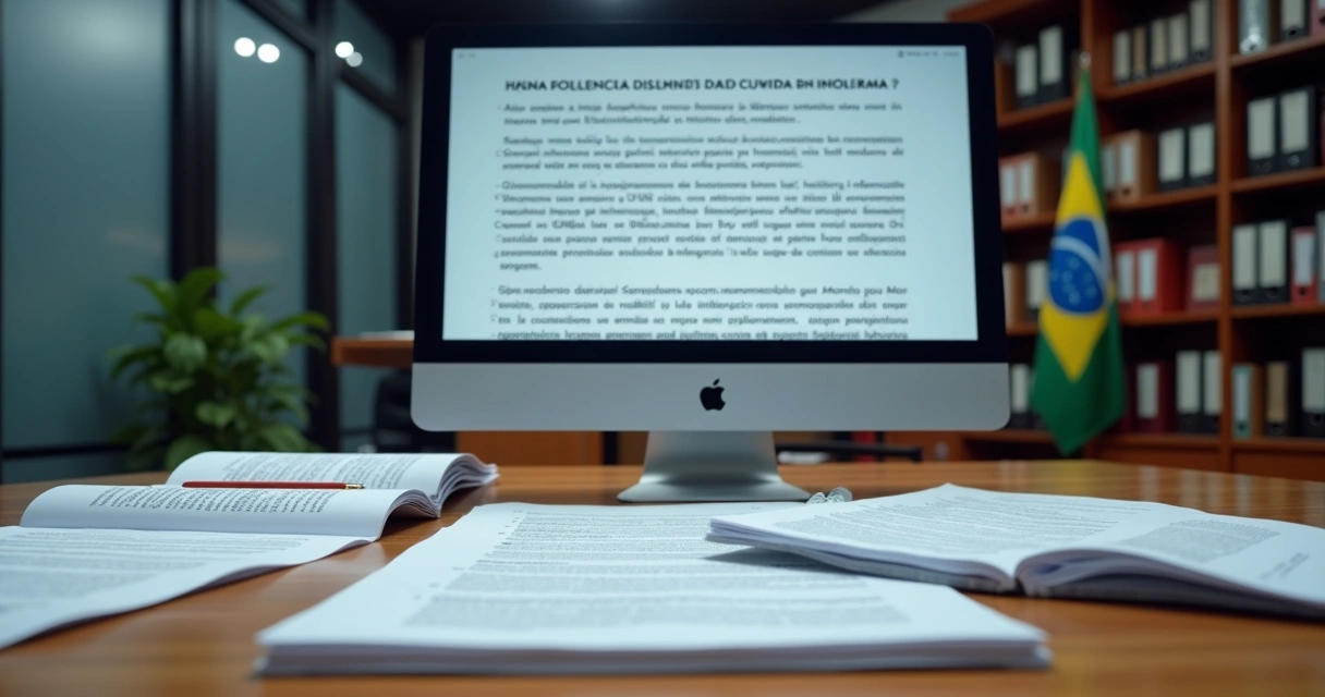 Mesa com documentos legislativos e tela com rascunho de parecer jurídico