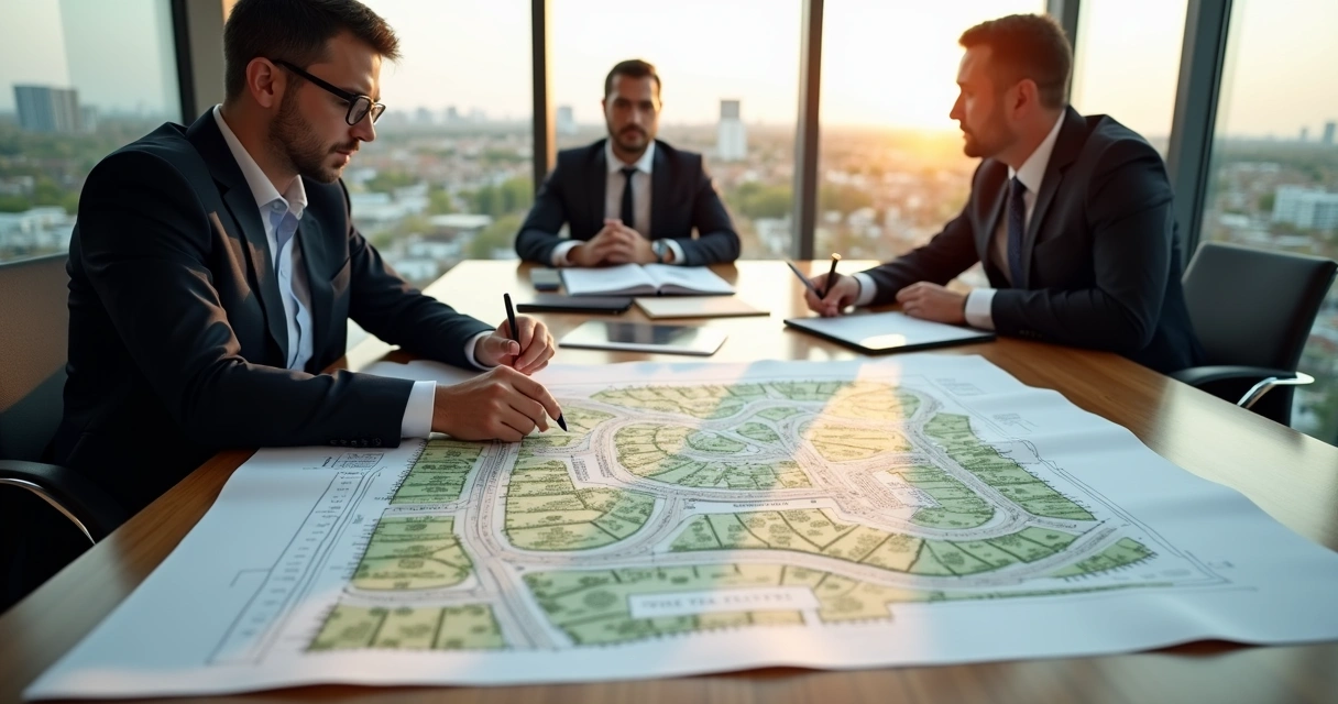 Advogado analisando plantas de loteamento com sistema viário destacado 