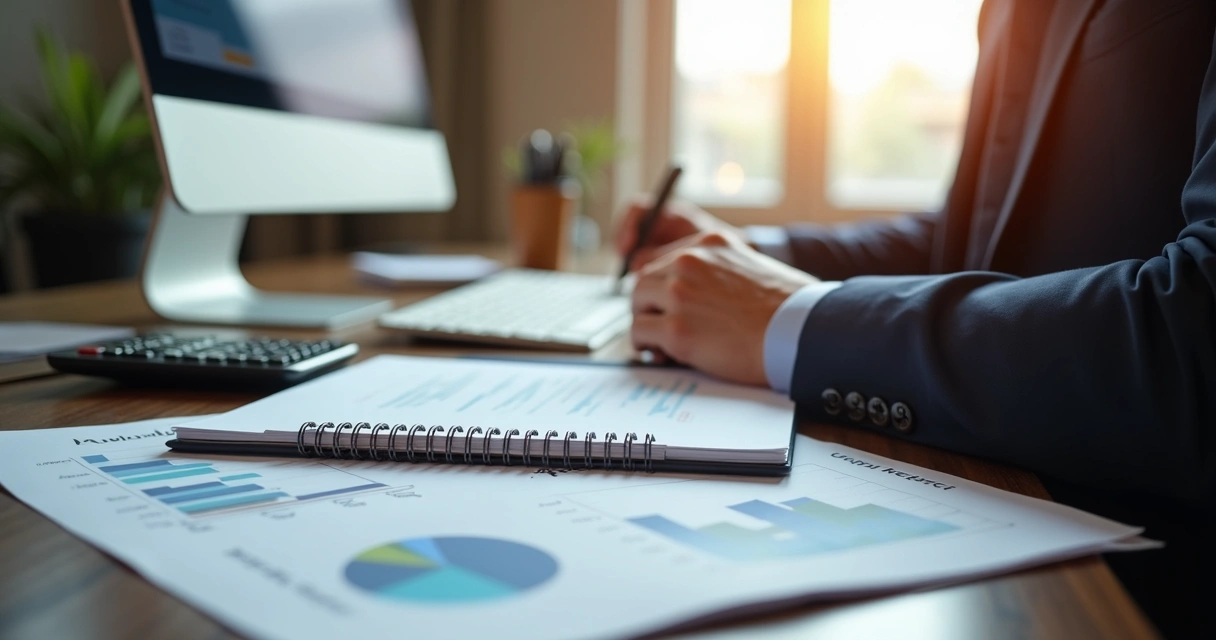 Profissional redigindo parecer técnico com gráficos financeiros 