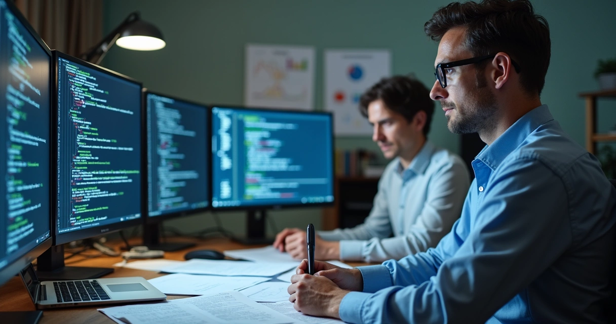 Perito analisando documentação de TI em mesa de reunião 