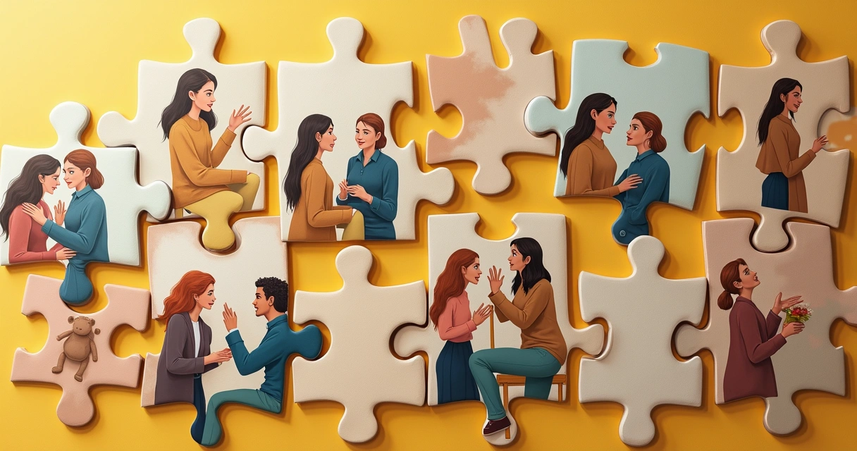 Rompecabezas representando una pared de piezas con imágenes de personas que interactúan 