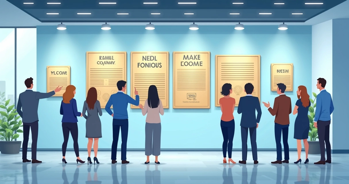 Parede de empresa com placas personalizadas de homenagem para colaboradores 
