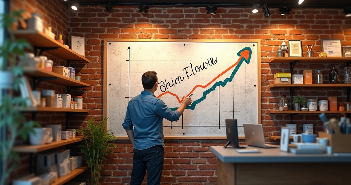 Gráfico de fluxo de caixa desenhado à mão em parede de loja pequena. 